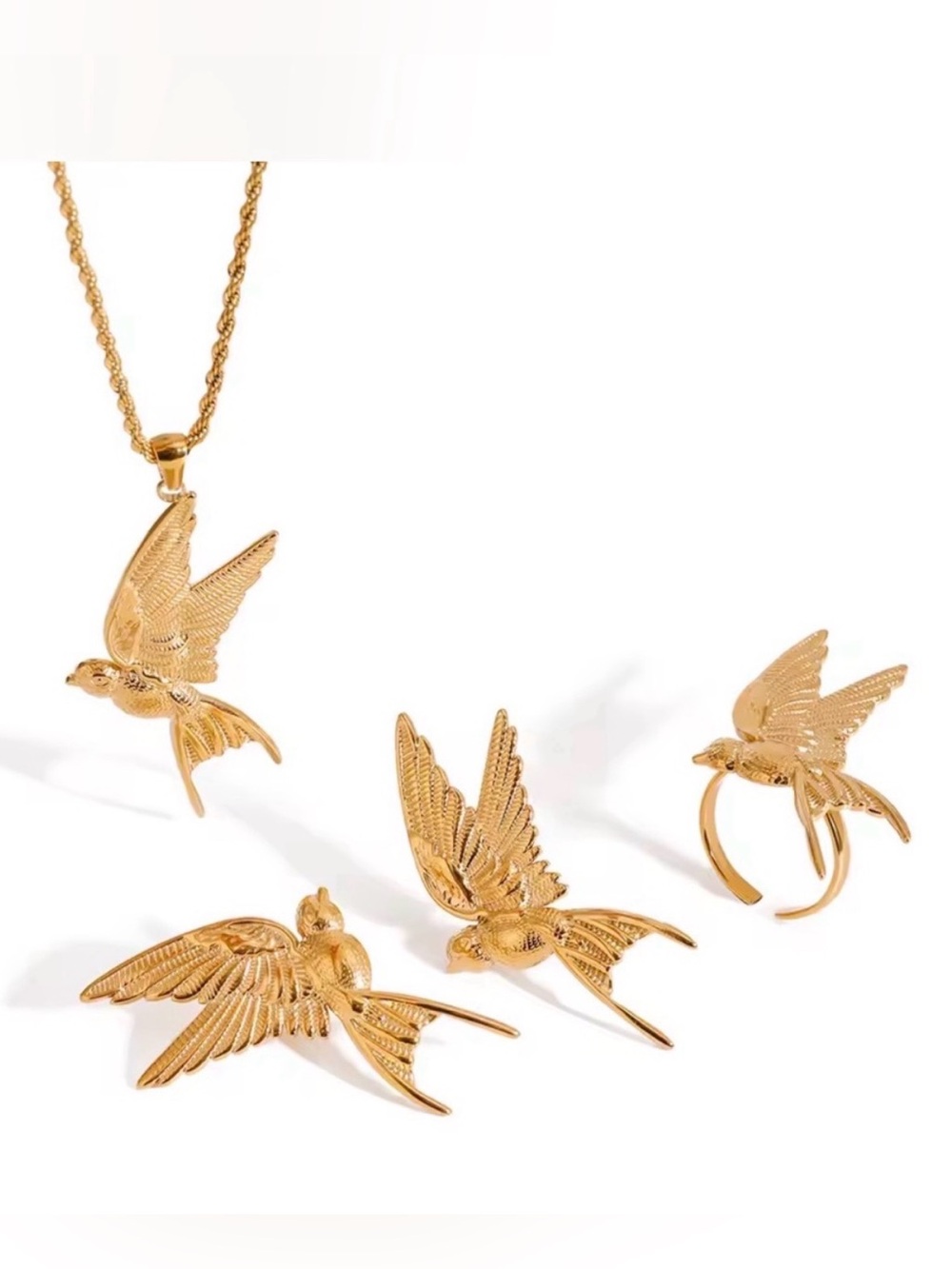 Gold Bird Motif Necklace Earrings and Ring Set
Waterproof Tarnish free - Picture 5 of 7